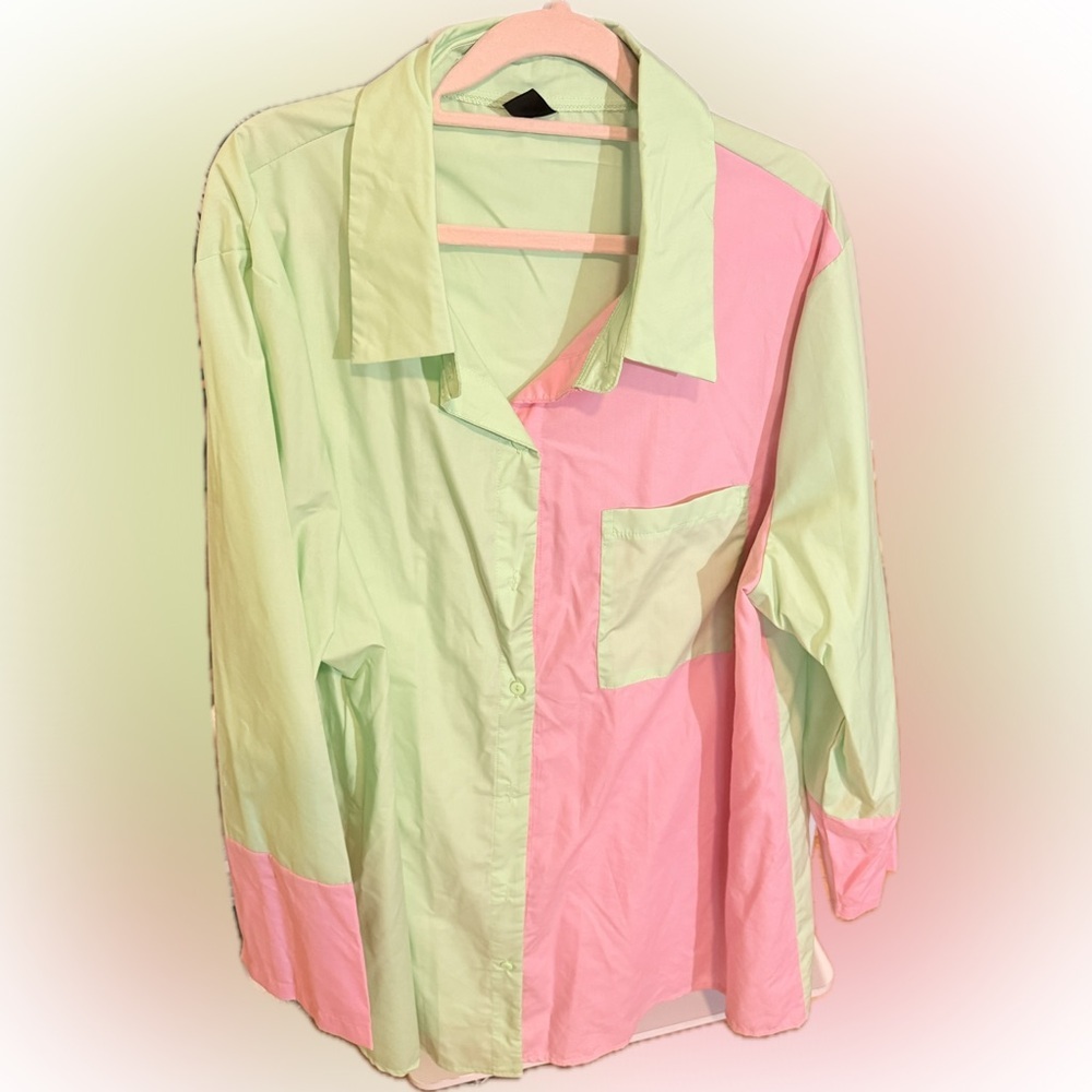 SHEIN Pastel Pink and Green Women's Shirt